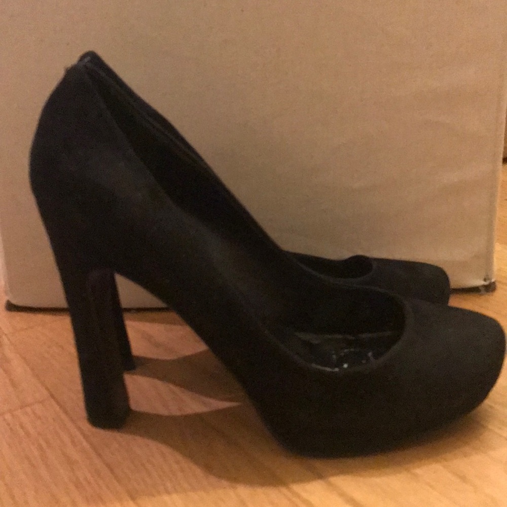 Aqua suede black block heels
